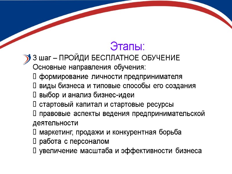 Этапы: 3 шаг – ПРОЙДИ БЕСПЛАТНОЕ ОБУЧЕНИЕ  Основные направления обучения: формирование личности предпринимателя